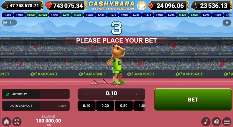 Cashybara Athletics Edition - Écran principal de la course avec compteur de multiplicateur